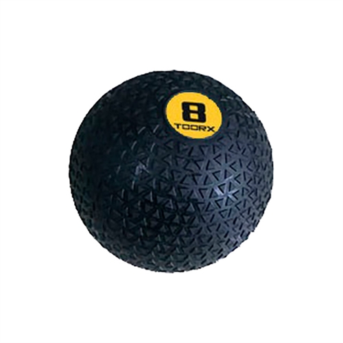 Dette er en Toorx Slam Ball 8 kg ø 23 cm, bolden er sort og gul